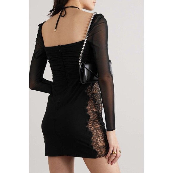 SELF-PORTRAIT Cutout Lace Trimmed Stretch Jersey Chiffon Halterneck Mini Dress 4 - Picture 2 of 13